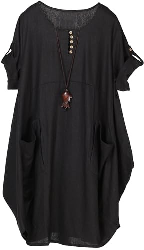 FTCayanz Robe Femme à Lin et Coton Tunique Grande Taille, Rayures, XXL | Décolleté rond, Manches modulables, Poches spacieuses, Coupe ample sans contrainte adaptée aux grandes tailles