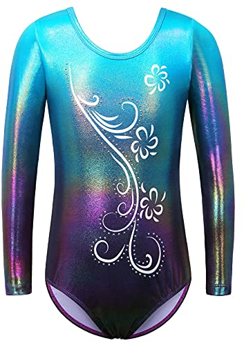 ZNYUNE Mädchen Gymnastikanzug Langarm Kinder Glänzende Turnanzug mit Strasssteine 269 AquaFlower 6A