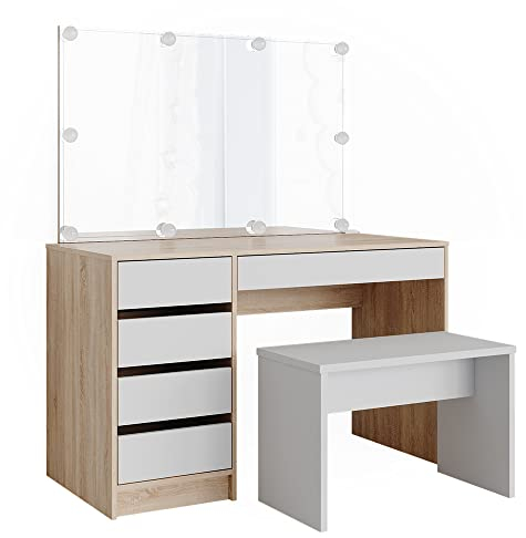 Vicco Schminktisch Sherry, Sonoma/Weiß, 120 cm mit LED Beleuchtung und Bank