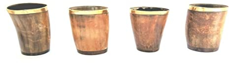 4 x Original Horn Wodka Schnapsgläser Messing eingelegt Wikinger Trinken je 100ml