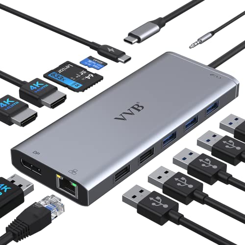 Hub USB C, Station d'accueil Moniteur, Adaptateur 13 en 1 vers Double 4K HDMI, DP, Ethernet, PD 100W, 5 USB, SD/TF et Audio, Docking Station Triple Affichage pour HP Dell etc.