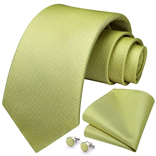 HISDERN Corbatas Verde de Hombre Modernas Corbata y Pañuelo de Bolsillo Gemelos Set Boda Formal Business