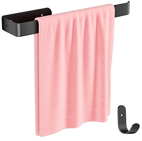 Gvolatee 1 Pieza 30CM Toallero de Baño montado en Pared con Tornillos Fijos y 1 Pieza Ganchos Combinación Aleación de Aluminio Mate, Accesorios para el Ahorro de Espacio, Negro