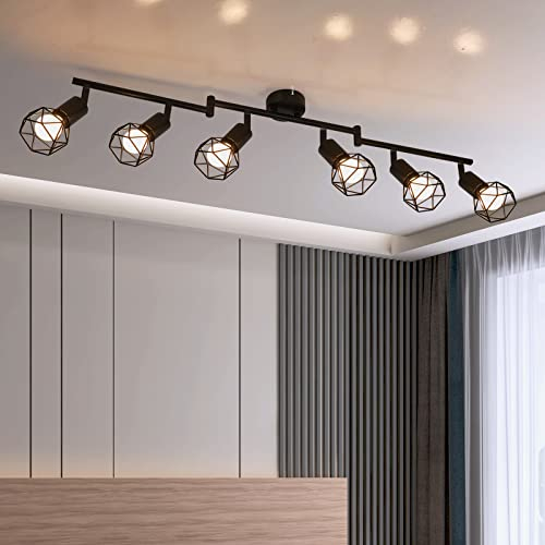 FORCOSO Deckenstrahler 6 Flammig - E14 Industrial Deckenlampe Schwarz Metall Deckenleuchte Strahler Schwenkbar Vintage Deckenspots für Wohnzimmer Schlafzimmer Küche - Ohne Leuchtmittel