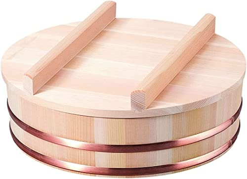 TIKUSAN Wooden Hangiri Sushi Rice Mixing Tub Copper Band with Lid Made in Japan Made of Sawara Cypress Sushi Rice Bowl Sushi Oke (33cm)