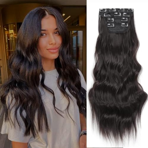 YDDM Hair Extensions Clip In Extensions Natur Schwarz Wellige Haarverlängerung Voller Kopf Wie Echthaar Haarextension Clips Günstig Clip Extensions Synthetisches Haarteil Für Frauen(24Zoll,4PCS)
