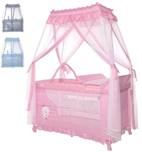 Lorelli 3 in 1 Babybett und Laufstall, Baldachin Betthimmel Magic Sleep mit 2 Ebenen, Kinderbett ab Geburt, Baby Reisebett, Wickelauflage, Rollen, Tasche, rosa