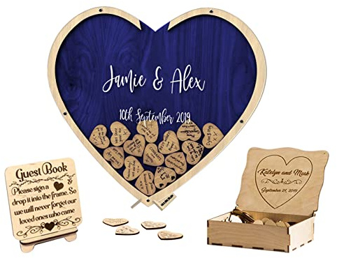 SweetJECCU Livre d'or de mariage personnalisé alternatif en bois Cadre livre d'or avec cœurs en bois Décoration de mariage rustique Panneau dans le livre d'or pour mariage Fête de bébé Anniversaire (2