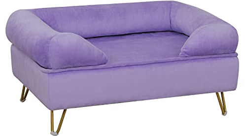 PWTJ Haustier-Sofa mit abnehmbarer Sicherheitsumrandung, 22,4 cm erhöhter Holzrahmen und Metallbeinen, weicher Samt, Katzen- und Hundebett für kleine, mittelgroße Haustiere, einfache Montage, Violett