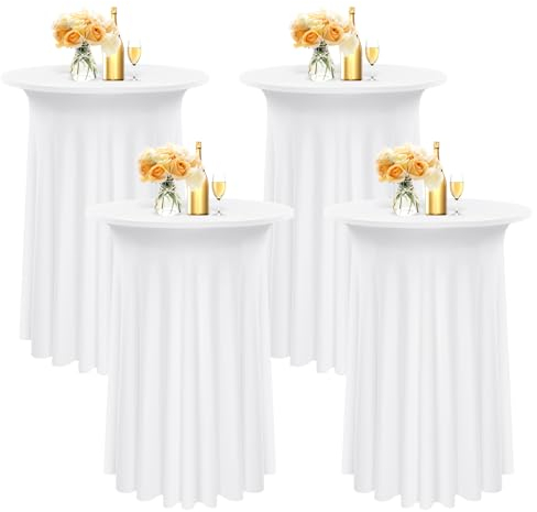 Pesonlook Set mit 4 Stretch-Stehtischröcken für Bistrotische Ø 80–85 cm, runde Cocktailtischdecke mit gewellten Vorhängen, Cocktailtischdecke mit hoher Tischplatte für Stehtische (80 x 110 cm, weiß)