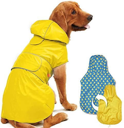 Kimee Dog Raincoat Reversible, Single Side Slicker Poncho Adjustable Waterproof Dog Rain Jacket with Leash Hole/Reflective Stripe Hooded Snowproof Windproof Clothes for Small to 3X-Large Dogs, XL