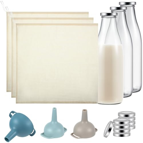 Hushee 9 Pcs Nut Milk Bag Kit 14 x 14 Cheesecloth Cotton Nut Milk Bag 33 oz Glass Bottle with Lid Reusable Kitchen Funnels for Straining Oat Almond Juice Cheese Making