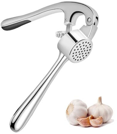DDUP Stainless Steel Garlic Press, Peeler Squeezer Heavy Duty Presser, Sturdy Crusher With Ergonomic Handle, Slicer & Grinder Extracts More Paste, Dishwasher Safe