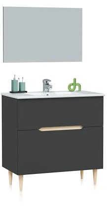 duehome | Mueble de Baño con Espejo, Módulo con Almacenaje, Modelo Opera, Acabado en Antracita y Roble, Medidas: 80 cm (Largo) x 45 cm (Fondo) x 80 cm (Alto)