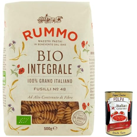 Italian Gourmet Pasta Integrale Fusilli N.48, Vollkorn Nudeln, 10 x 500g | Aus Hartweizengrieß, ricca di fibre, ruvida al dente, ideal für Saucen, Gesamtnettogewicht 5 kg + Kostenlos Polpa 400g