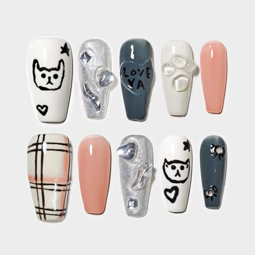 Sun&Beam Nails Handmade Press-on Medium Long Coffin Ballerina White Pink False Nail Tips Hand-Painted Cat Dog Design Fashionable Artificial 10 Pcs Set (#150 L)