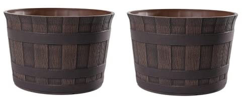 Jinfa 2 Pots de Fleur en Plastique extérieur Pots Imitation Bois | Couleur Châtaigne | Design Barrique | Ø 36 cm