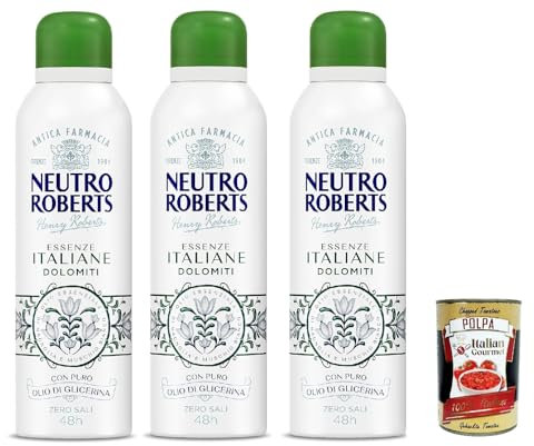 Neutro Roberts, Deodorant Deo Spray Dolomiti, Ohne Aluminiumsalze, Nullflecken, mit Magnolien -ätherischem Öl und weißem Moschus, mit reinem Glycerinöl, 48H - 3x 200 ml + Italian Gourmet polpa 400g