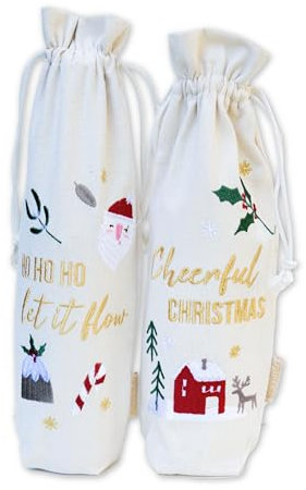 Papierdrachen 2 Flaschenbeutel in beige mit hochwertiger Bestickung - Geschenkverpackung - Taschen für Weinflaschen Set 01