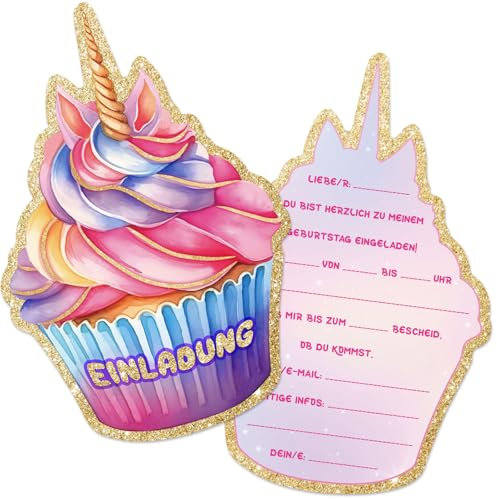 GEBETTER 12 Einhorn Cupcake Einladungskarten zum Kindergeburtstag 15 x 10 cm Geburtstag Party Einladung Einschulung für Mädchen und Jungen Geburtstagseinladungen Kinder Geburtstagsfeier Kinderparty