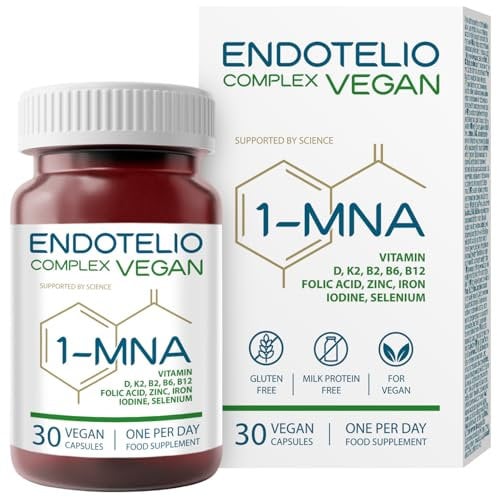 Endotelio Vegan Complex 1-MNA, Optimizing NAD+, Anti Aging, Sirtuin Activator with D3, K2, B2, B6, B12, Folic Acid, Zinc, Iron, Iodine, Selenium, Biohacking Supplement, 30 Caps