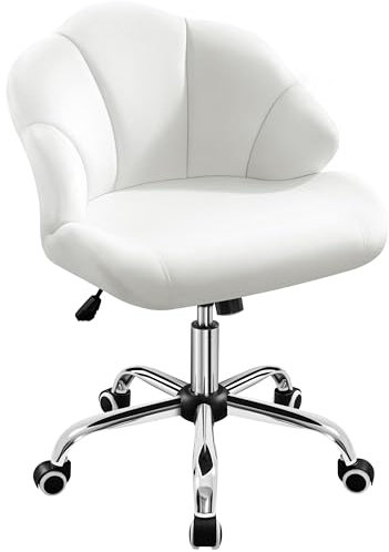 Yaheetech White Vanity Office Desk Chair with Back & Wheels Dressing Table Chair Makeup Bedroom Velvet Upholstered Armless Swivel Chair with Shell Back for Home Office