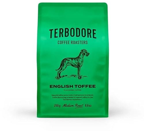 Terbodore | English Toffee Ground Coffee | 250g Bag | Delicious Toffee Flavour | Subtle Butterscotch Aroma | Premium Grade | Filter | Medium Roast | Home or Cafe | Ground Toffee Coffee