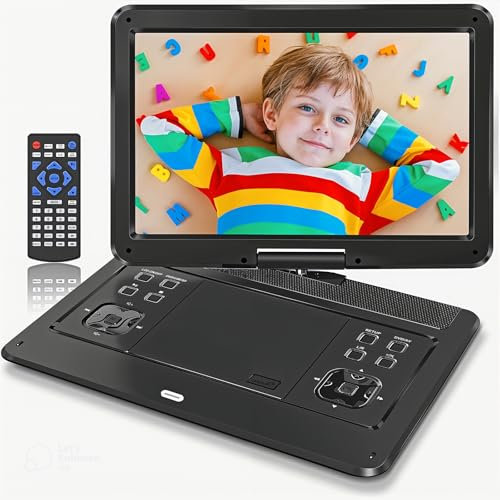 HOPYOP 16.9 inch Portable DVD Player with 14.1 Inch Swivel Screen, 6 Hours Battery Car DVD Player, Car Headrest Mount, Car Charger, Portable DVD Supports All Region Discs/SD Card/USB
