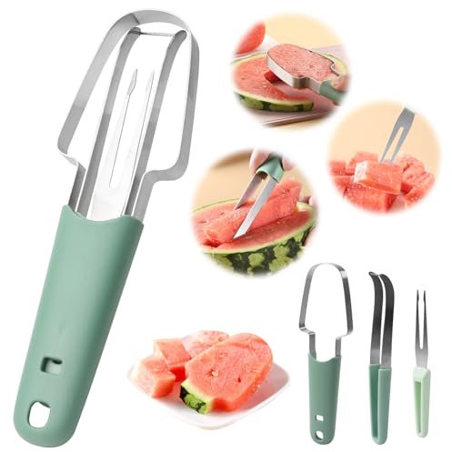 3 in 1 Watermelon Fork Slicer Cutter, Watermelon Cutter Slicer Tool, Portability Fruit Cutter Knife, Stainless Steel Watermelon Popsicle Cutter, Quickly Melon Forks Cutter for Fruit Camping Gadgets
