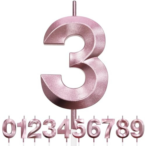Nummer 3 Geburtstagskerze, 3. Geburtstag Kerze, 3D Design Roségold Glitter Nummer Kerzen, Cake Topper Dekorationen, Kuchen Kerze für Geburtstagsparty, Hochzeitstag, Baby-Dusche, Party-Dekoration