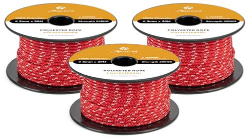 Abma Cord Polyesterseil 3mm x 30m Seil Geflochtene Schnur Reißfest für Outdoor, Boot, Festmacher, Zelt, Garten - Rot/Weiß