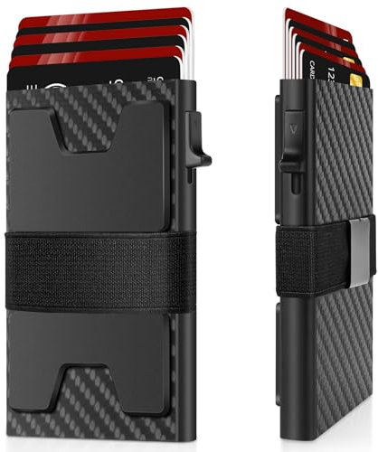 HOTUT Geldbörse Herren,Pop Up Kartenetui mit RFID Schutz,Minimalistische Smart Wallet,Metall-Kartenhalter,Magnetischer Slim Wallet mit Rückplatte und Geldband,Kohlefasermuster Schwarz