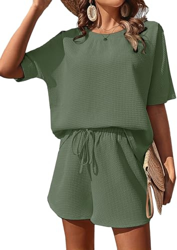 JFAN Conjuntos Chándal Mujer Verano Dos Piezas Conjunto Pantalones Cortos y Cuello Redondo Top Mujer Pantalones cortos con Cordón Ajustable para vacaciones en la playa,Verde oliva,M