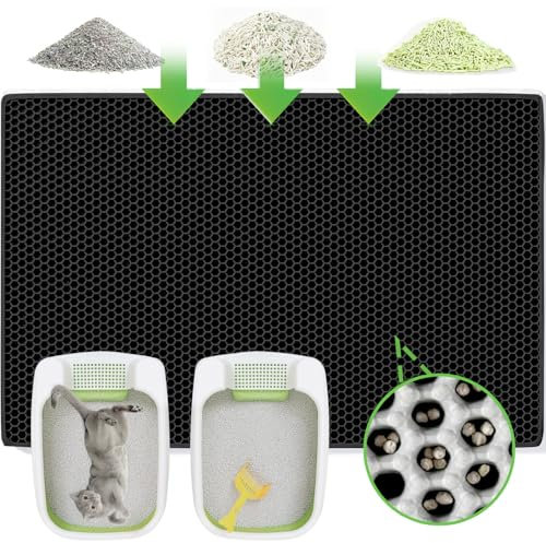 Cat Litter Mat Large, 90x60CM Double Layer, Litter Tray Mat Waterproof, Cat Litter Tray Mat Nonslip, Cat Litter Mats Soft on Paws and Washable Black