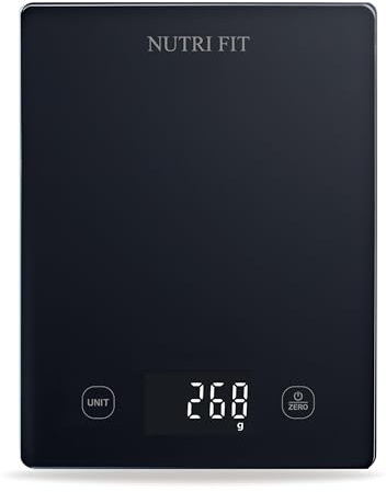 NUTRI FIT Digitale Küchenwaage Lebensmittelwaage, elektronische Küchenwaage, gehärtetes Glas, 3 kg/1 g, Einheiten in g/ml zum Kochen und Backen, große LCD-Anzeige, 3 AAA-Batterien, Schwarz