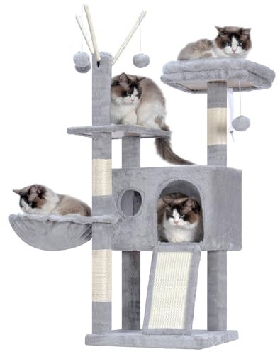 Hey-brother Petit Arbre à Chat, Stable, 105 cm, avec Jouets Amovibles, Grotte, 1 Plateforme, 1 Panier pour Chat, Plateau à griffer en sisal et Boule en Peluche, Convient aux Chatons, Gris Clair