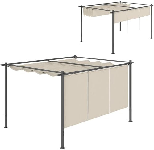 Outsunny 3 x 4m Metal Pergola with Retractable Roof and Roller Shade, Wall-Mounted or Free Standing Garden Gazebo Canopy Pergola Kit, UPF30+ Outdoor Sun Shade Shelter, Beige
