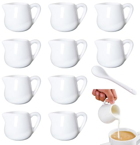 Ksnowqi 10 Pièces Mini Pot à Lait 50ml, Pichet à Lait en Porcelaine, Crémier en Céramique, Petits Pots à Sauce Blancs avec Cuillère avec Poignée pour Sauce, Cuisine, Crème, Cafés, Hôtels, Lait, Jus