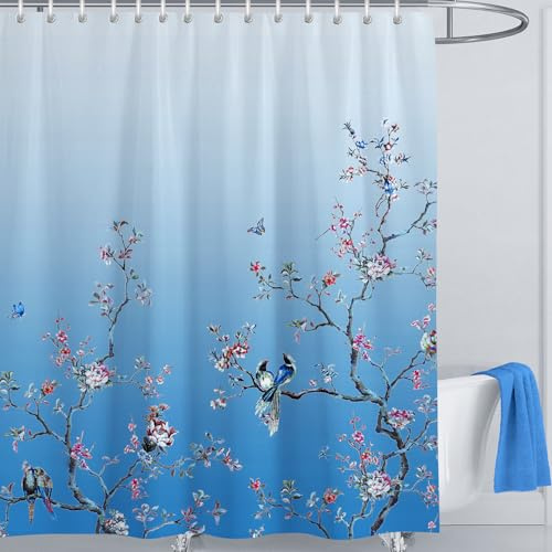 LIVETTY Shower Curtains Ombre Blue Bird Shower Curtain 180cm × 180cm Drop Floral Butterfly Fabric Bathroom Curtain Mould Proof Spring Washable Shower Curtain With 12 Hooks