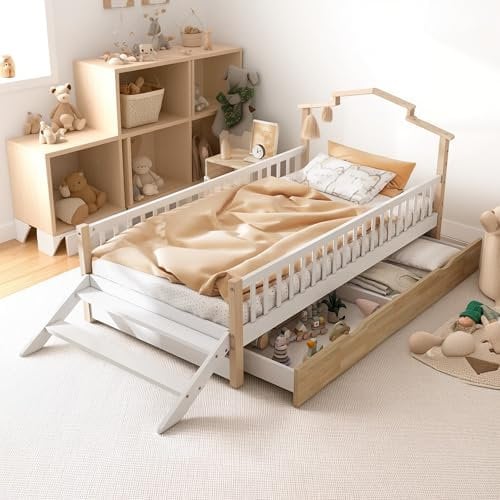 Cama Infantil Montessori 90x200 cm con Protección Anticaídas, Barandillas y Escalera Lateral, Estructura de Madera de Pino Maciza, Techo Único, Incluye Somier, para Niños y Adolescentes