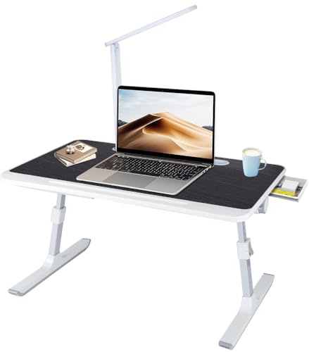 Betttisch Klappbar, Laptoptisch, Einstellbare Höhe, mit Buchständer, Schublade, Lap Stopper, Tablet Schlitz, Notebooktisch für Lesen oder Frühstücks und Zeichentisch,60 x 40 x 27–40 cm (hell) Schwarz