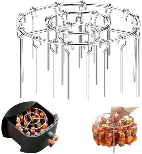 Uqingo 1PCS Air Fryer Rack Round 6 inch with 24PCS Metal BBQ Kebab Skewers, Stainless Steel Air Fryer Tray Accessories, Multi-Purpose Cooking Grill Racks Stand and Hanging Kebab Skewers