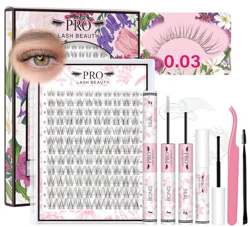 PRO LASHBEAUTY Natürliche Wimpern Extensions Lash Extension Set Invisible Tape Manga Lash Cluster Set Natürlicher Look Bindung und Siegel Wimpern Kleber Entferner Applikator(Venus,8-16mix)
