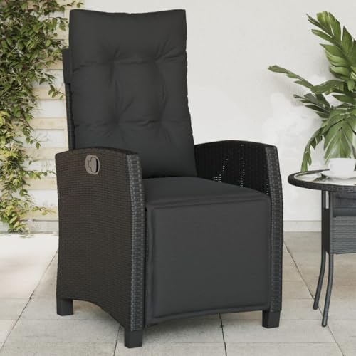 Gartensessel mit Verstellbarer Rückenlehne und Fußteil, Poly Rattan, Komfortables Kissen, Gartenstuhl Hochlehner Verstellbar, Relaxsessel Garten, Terrassenstuhl Außen, Schwarz, 57 x 66 x 93 cm