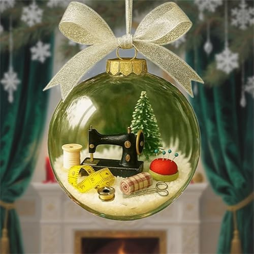 Weihnachtskugel mit Nähmaschine 8cm | Vintage Schneekugel im Retro-Design | Christbaumschmuck für Nähzimmer & Handarbeitsraum | Mit Schleifen-Dekor (A)