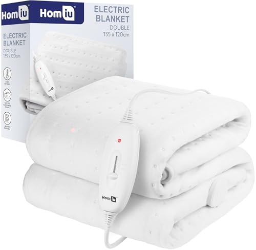 Homiu Electric Blanket Double | Luxury Soft Fleece Heated Underblanket | 3 Heat Setting Fast Heating | Energy Efficient Bed Warmer Overheat Protection | Auto Shut-Off Machine Washable | 135×120 cm