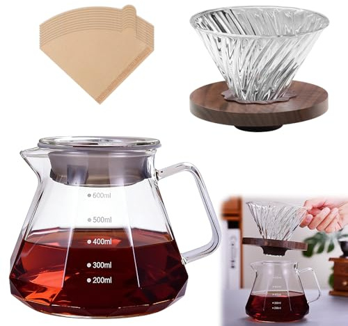 NAVESO Pour Over Coffee Maker, 600ML Borosilicate Glass Coffee Server, Coffee Filter Jug with 100 PCS Paper Filter, Walnut Base, Glass Lid and Glass Funnel for Home Café Restaurant Camping