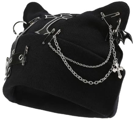Tapufitil Gothic Katzenohren Beanie Punk Strickmütze Damen Y2K Grunge Streetwear