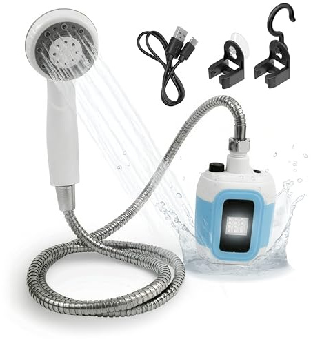 EASYmaxx Campingdusche mit Akku | 2in1: Mobile Outdoor Dusche und Bewässerungsbrause | Camping Dusche mit Pumpe inkl. Ansaugfunktion | kabellose und tragbare Dusche | elektrische Dusche mit LED-Licht