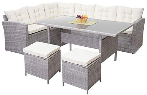 Mendler Poly-Rattan-Garnitur HWC-A29, Gartengarnitur Sitzgruppe Lounge-Esstisch-Set Sofa + 2X Hocker - hellgrau, Kissen Creme